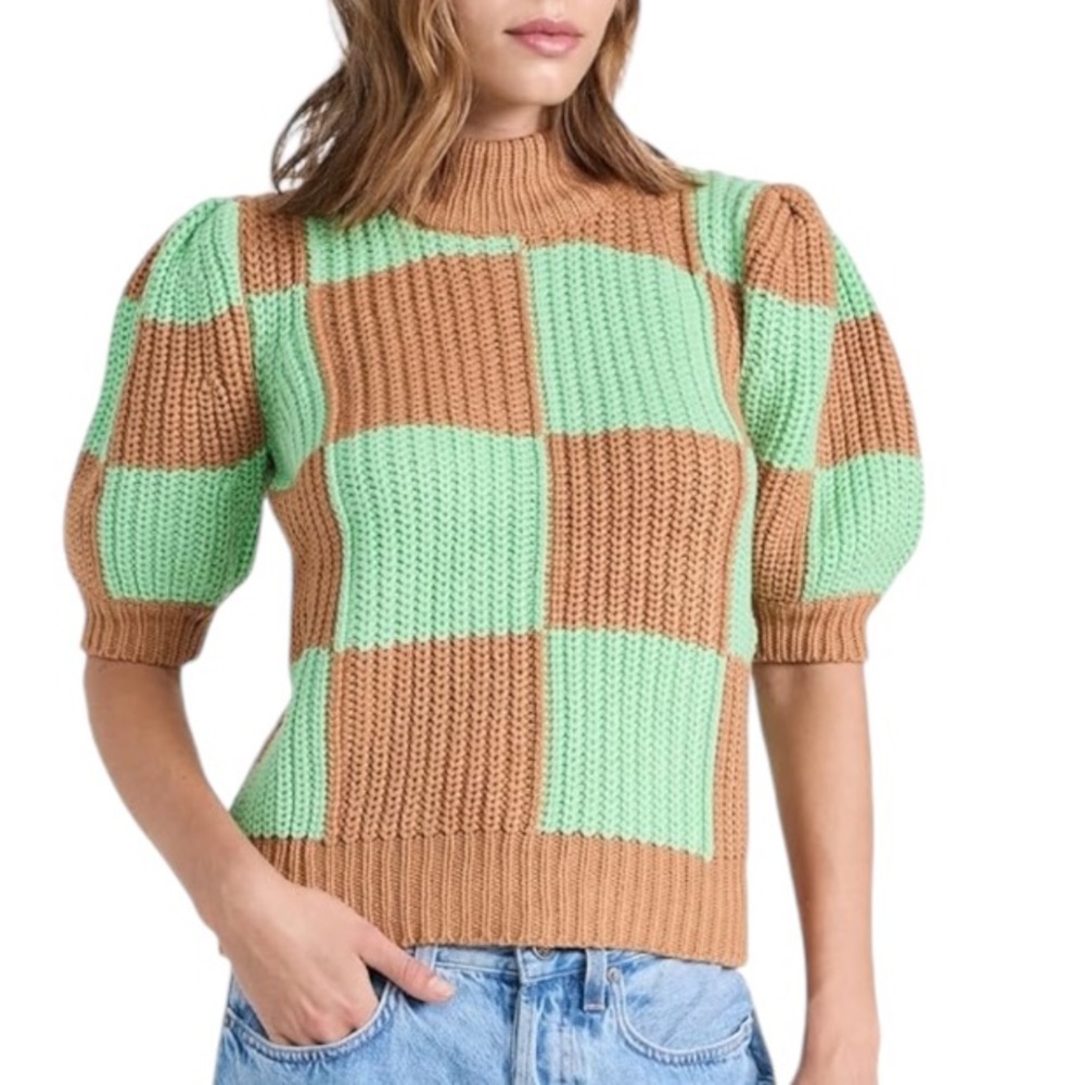 NWT English Factory Mint Green Tan Check Plaid Puff Sleeve Crop Sweater - XS